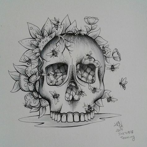 Inktober Day 13 Teeming Skull with bees and hive #Inktober #art #pen #drawing #copicmarkers #skull #bees Skull With Bees, Inktober Art, Art Pen, Pen Drawing, Bee, Pen, Humanoid Sketch, Tattoos, Drawings