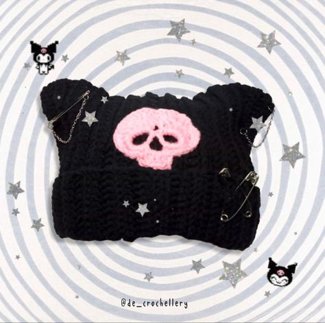 Grunge crochet hat Kuromi Cat Beanie, Kuromi Beanie Crochet, Y2k Crochet Hat, Crochet Ideas Grunge, Sanrio Crochet Hat, Crochet Kuromi Hat, Kuromi Crochet Hat, Pastel Goth Crochet, Grunge Crochet Ideas