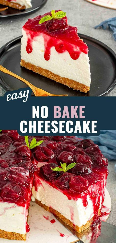 This No Bake Cheesecake is the perfect dessert for any occasion—rich, creamy, and no oven needed! 🍰 #NoBakeCheesecake #EasyDesserts #CheesecakeLovers #NoBakeDesserts #SweetTreats Best No Bake Cheesecake, No Bake Cheesecake Filling, Delicious Cheesecake Recipes, No Bake Cherry Cheesecake, Cherry Topping, Easy No Bake Cheesecake, Cheesecake Recipes Classic, Cheesecake Lovers, Baked Cheesecake Recipe