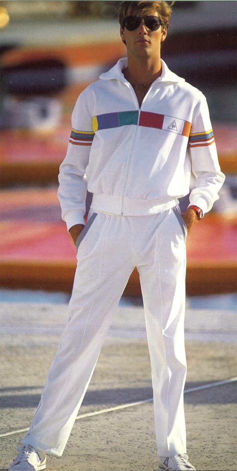 1986 - Enter the timeline >> http://www.lecoqsportif.com/survetement/uk-en #tracksuit #retro #apparel 80s Sports Fashion Men, 90s Athletic Outfits Mens, Men’s Tracksuit Outfit, Men In Tracksuits, Vintage Tracksuit Outfit, Tracksuit Men Outfit, 1980s Outfits Men, Retro Tennis Outfit, 90s Sportswear Fashion