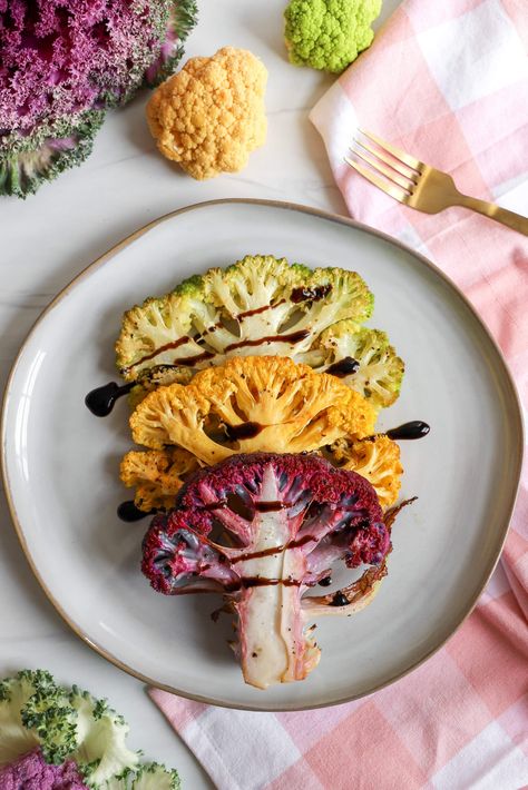 Roasted Multi-Color Cauliflower Steaks Cauliflower Steaks, Balsamic Reduction, Rabbit Food, Cauliflower Recipes, Oven Roast, Summer Salads, Healthy Desserts, Healthy Choices, Avocado Toast