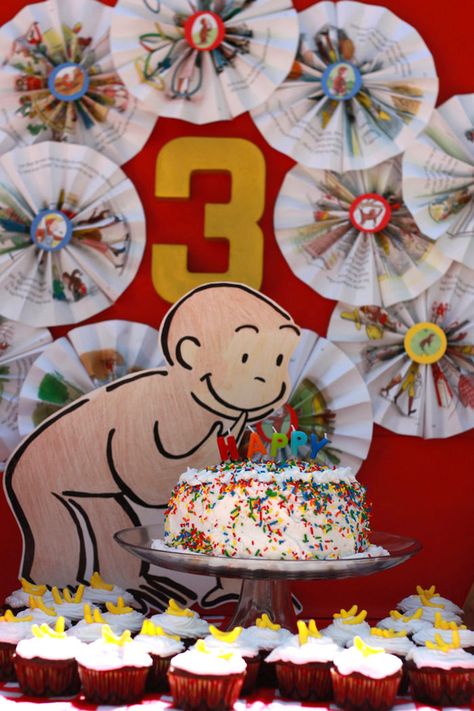 Kara's Party Ideas Curious George Themed Birthday Party Curious George Party Ideas, Curious George Book, Curious George Birthday Party, Curious George Party, Cake Favors, Dessert Table Backdrop, Curious George Birthday, 3rd Birthday Party, Third Birthday Party