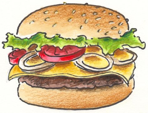 Hamburger Drawing Easy, Burger Painting, Hamburger Drawing, Procedure Text, Burger Drawing, Inktober 2023, Fall Drawings, Step By Step Watercolor, Wings Drawing