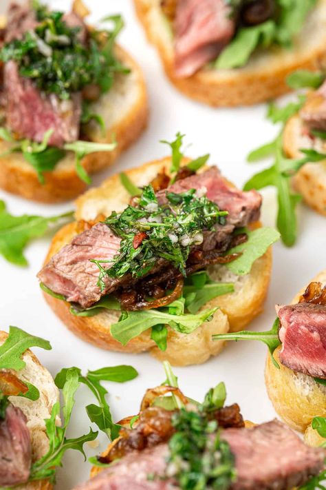 Steak Crostini with Caramelised Onions and Chimichurri - Eight Forest Lane Steak Chimichurri Appetizer, Beef Chimichurri, Steak Crostini, Xmas Party Food, Steak Chimichurri, Steak Appetizers, Chimichurri Steak, Caramelised Onions, Toasted Baguette