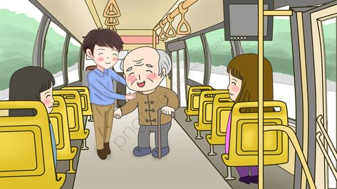 original hand drawn illustration,civilized travel,respect for the elderly,bus,seat,old grandfather,young people,give the old man a seat Act Of Kindness Illustration, Respect Pictures Kids, Respect Illustration, Inferencing Pictures, Respect Pictures, Bus Drawing, Bus Seat, Bus Cartoon, Respect Your Elders