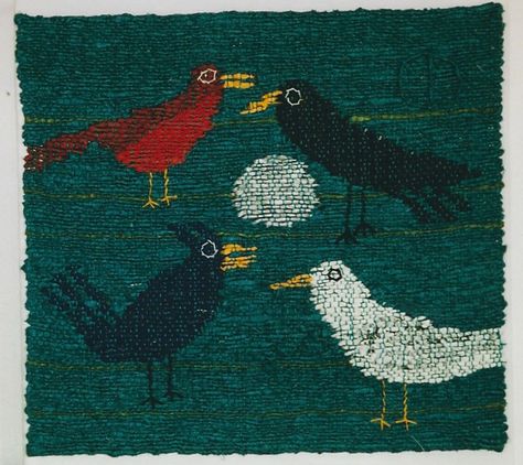 Carolyn Price Dyer « Birds on a Turquoise Coast, 12” x 12,” 2005, tapestry, spun papers and cotton warp. Collection: Pay and Sam Smith. Bird Tapestry, Football Crafts, Weaving Inspiration, Weaving Designs, Oakland California, Red Tree, Sam Smith, University Of Washington, Puget Sound