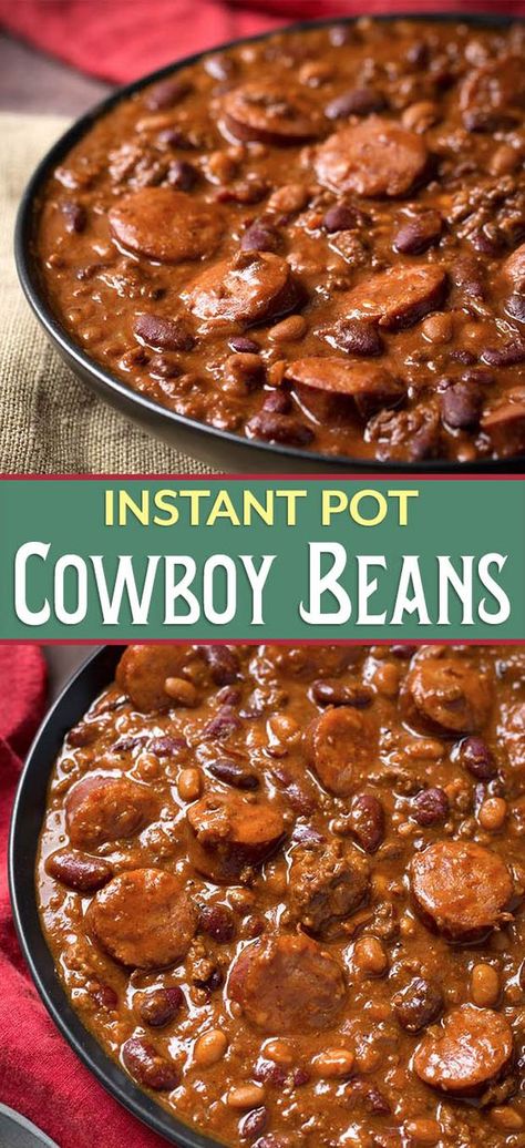 Instant Pot Cowboy Beans are super flavorful, rich and hearty with 3 kinds of meat! These pressure cooker Cowboy Beans can be a main dish or a side. Perfect for a pot luck or barbecue! simplyhappyfoodie.com #instantpotrecipes #instantpotcowboybeans #instantpotbakedbeans Pressurecookercowbowbeans #pressurecookerbakedbeans Pot Luck Main Dish, Pot Luck Food, Pot Luck Ideas, Pot Luck Dishes, Pressure Cooker Baked Beans, Cowboy Cooking, Cowboy Beans, Electric Pressure Cooker Recipes, Pot Recipes Easy