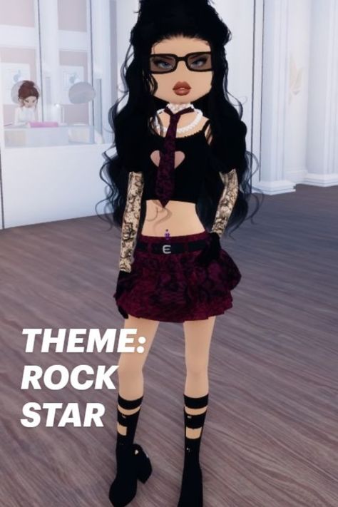 Stylized character with long black hair, glasses, tattoos, and rock-inspired outfit, with the text "THEME: ROCK STAR". Roblox Dress Codes, Dropping Dress, Dress To Impress Outfits, Roblox Dress, Outfit Combos, Roblox Game, Coquette Style, Unique Dress, Y2k Vibes