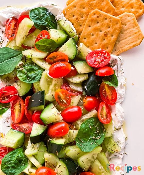 Cucumber Tomato Salad With Whipped Feta - SOS RECIPES Sos Recipe, Fresh Cucumber, Cucumber Tomato Salad, Whipped Feta, Spanish Onion, Feta Salad, Cucumber Tomato, Tomato Salad, Fresh Basil