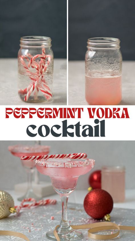 Make your own peppermint vodka using candy canes! Turn it into a delicious holiday drink that tastes great. You'll love this peppermint vodka cocktail! The perfect drink for serving to guests at your next holiday party. Peppermint Infused Vodka, Peppermint Liquor Drinks, Drinks Alcohol Recipes Vodka, Candy Cane Vodka, Peppermint Cocktail, Vodka Mixers, Mom Juice, Peppermint Vodka, Christmas Drinks Alcohol Recipes