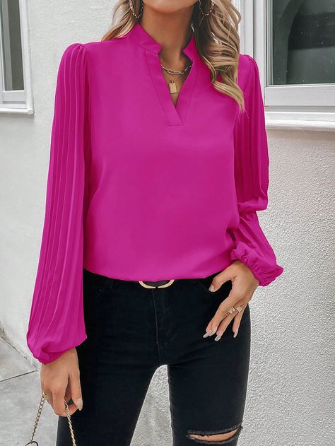 Red Violet Casual Collar Long Sleeve Woven Fabric Plain Top Embellished Non-Stretch  Women Clothing Fushia Blouse Outfit, Trendy Pink Blouse With Lantern Sleeves, Fuschia Blouse, Chic Pink Top With 3/4 Sleeves, Cheap Pink Blouse With 3/4 Sleeves, Vibrant Pink V-neck Blouse, Lantern Sleeved Blouses, Plain Tops, Blouse Outfit