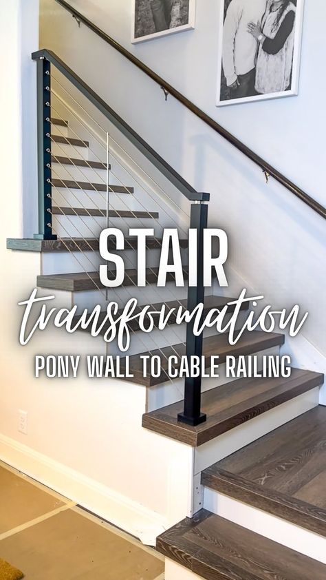 ‼️ The @cablebullet system IS IRC compliant (US) ✅ & YES, I did my research on my local stair codes 👍🏽 (please check your local codes &… | Instagram Half Wall Staircase, Pony Wall Ideas, Stairs Treads, Stair Railing Makeover, Diy Stair Railing, Stair Renovation, Modern Railing, Cable Railing Systems, Pony Wall