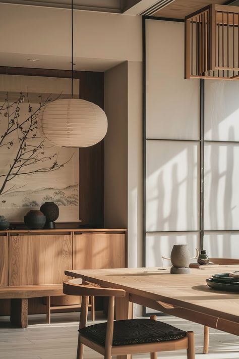 Discover how to create a Zen experience in your home with Japandi decor. 🧘‍♀️🏡 Japandi Home Design, Dining Room Design Minimalist, Japanese Apartment Interior, Japandi Dining Room Design, Japanese Dining Room, Japan Interior Design, Japandi Dining Room, Zen Kitchen, Japandi Minimalist