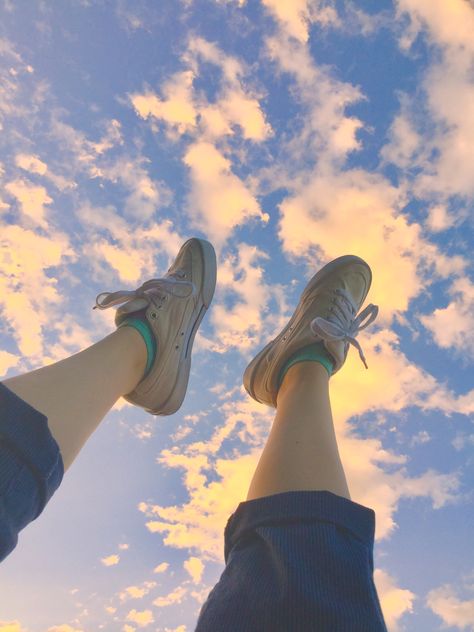 Aesthetic photography, aesthetic summer, summer aesthetic, clouds, blue sky, pretty sky, summer vibes, summer sky Walking On Sunshine Aesthetic, Sunshine Aesthetic, Walking On Sunshine, Walk On, Walking, Sneakers