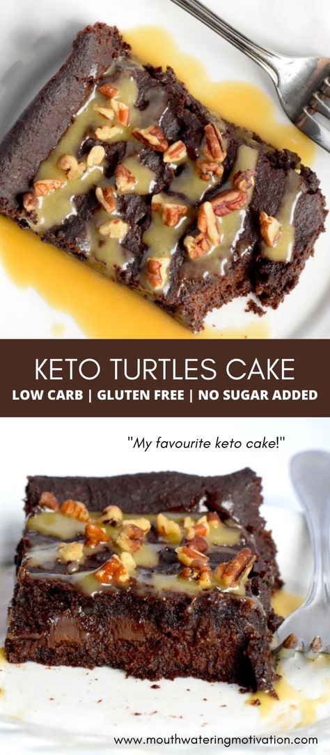 Keto Turtles Cake. This keto chocolate caramel cake is absolutely heavenly! It's so rich, fudgey and dense. Almost like an amazingly gooey chocolate brownie..topped with the most delicious keto caramel sauce and pecans..you really cannot go wrong with this masterpiece! #ketochocolatecake #lowcarbchocolatecake #ketoturtlesrecipe #ketocaramelsauce #ketodesserts Keto Chocolate Turtle Cake, Keto Chocolate Cobbler, Keto Caramel Cake, Keto Turtles, Bariatric Desserts, Keto Favorites, Turtles Cake, Keto Caramel, Keto Cakes