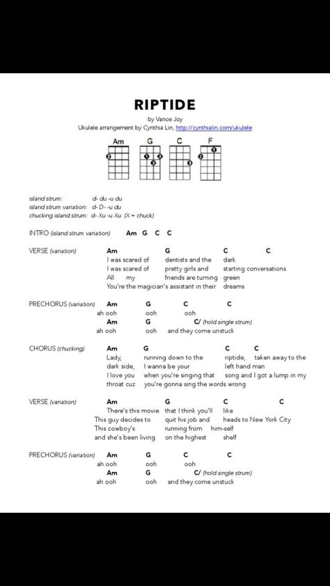 One of the easyest songs for uke begginers Easy Uke Songs For Beginners, Riptide Ukulele Chords Strumming, Uke Songs Easy, Easy Ukelele Songs Popular, Uke Songs With Strum Pattern, Riptide Guitar Tab, 3 Chord Ukulele Songs, Popular Songs On Ukulele, Guitar Begginers