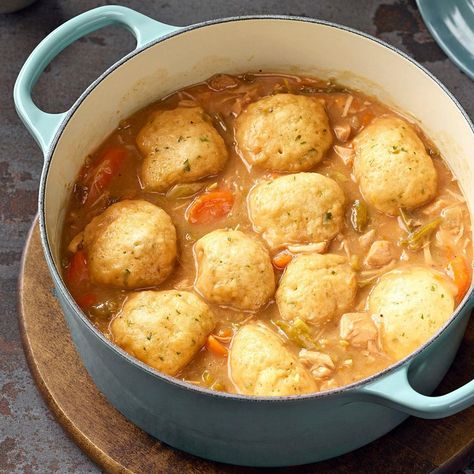 Our turkey stew with dumplings is the perfect fall or winter meal. With plenty of veggies, meat and fluffy dumplings on top, each bowl is a well-rounded meal. Turkey Dumpling Soup Easy, Turkey And Dumplings Leftover, Turkey And Dumplings Easy, Recipes Dumplings, Turkey Dumplings, Turkey And Dumplings, Turkey Stew, Edible Recipes, Stew And Dumplings