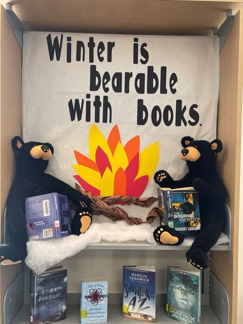 Bearable with books Holiday Book Display Ideas, Fall Into A Good Book Display, Library Winter Decorations, Library Window Displays School, November Book Displays Library, Elementary School Library Decorating Ideas, Winter Library Display Ideas, Cozy Up With A Good Book Bulletin Board, December Book Displays