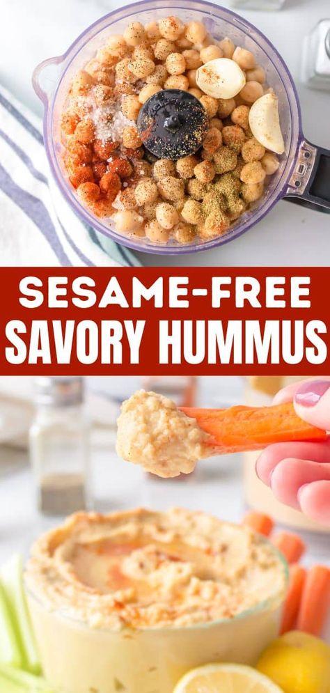 If you love hummus, you are going to LOVE this Savory Sesame-free Hummus. This tahini-free hummus is seasoned perfectly, lighter than traditional hummus, and perfect for those with a sesame allergy. This Spiced Hummus Recipe is so good, it's quite possibly the best hummus recipe you've ever tried! vegan hummus recipe | healthy hummus recipe | hummus recipe without tahini | hummus recipe with dried chickpeas | hummus recipe with fresh chickpeas Sesame Free Hummus, Runner Recipes, Allergy Recipes, Autoimmune Recipes, Cooking Light Magazine, Grain Free Desserts, Life Challenge, Healthy Ingredients, Buffalo Chicken Dip