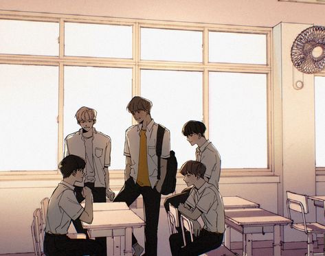 School Poses Drawing, School Reference Pose, Pose Reference School, Classroom Reference Drawing, Korean Building, Names In Korean, School Webtoon, Anime Student, Manga School