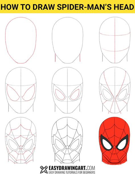 Learn how to draw Spider-Man’s head step by step! This turorial is perfect for beginners and fans of classic Marvel comics. Follow this guide to create Spider-Man's iconic look, complete with his webbed mask and angular eyes. #spiderman #drawingtutorial #howtodraw #marvelcomics #superherodrawing #easydrawing How To Draw Spiderman Eyes, How To Draw Venom, Draw Spider, Head Step By Step, How To Draw Comics, Spider Suit, Drawing Superheroes, Draw Comics, Parts Of The Eye