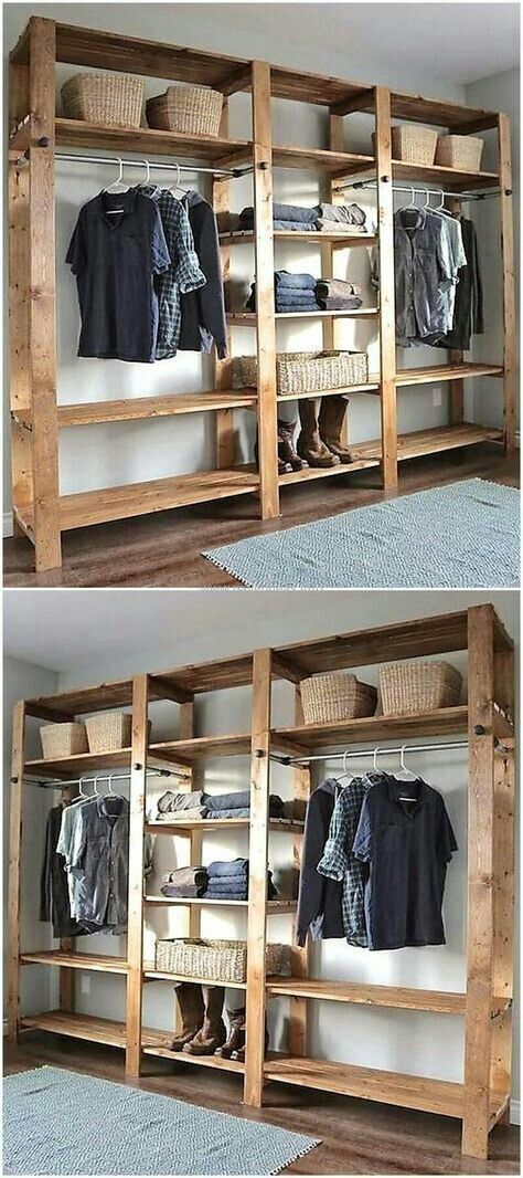 Diy Kast, Closet Diy, Pallet Projects Easy, Wooden Closet, Pallet Chair, Open Closet, Closet Remodel, Pallet Shelves, Diy Closet