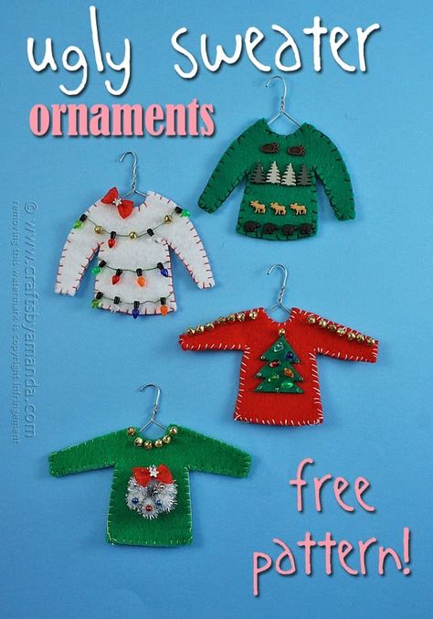 Make Ugly Sweater Ornaments! Sweater Christmas Ornaments, Ugly Sweater Ornaments, Christmas Sweater Ornaments, Ugly Christmas Sweater Ornament, Sweater Ornaments, Ornaments Crafts, Ugly Sweater Christmas, Ornament Craft, Christmas Felt