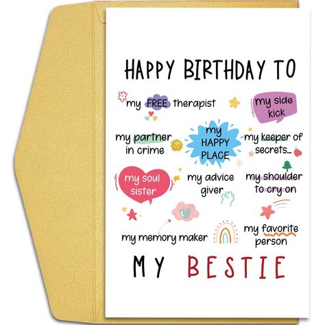 PRICES MAY VARY. This bestie definition birthday card for your best friends, work bestie, soulmate, or sisters is a unique and fun birthday gift. And tell her how much she means to you. Printed on quality 300gsm recyclable card stock. Such a funny and cute friends birthday card, the recipient will definitely smile! The card measures 8" x 5.3" inches when folded and comes with a coordinating golden envelope. Great farewell gift idea. Blank inside for your hand-written message. You can write down Funny Cards For Best Friends Birthday, Bestie Gifts For Birthday, Written Gifts For Friends, Bestie Cards Diy, Birthday Coupons For Friends, Things To Write In A Birthday Card Bff, Unique Best Friend Birthday Gift Ideas, Bestie Card Ideas, Birthday Card Ideas For Bestie