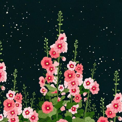 Hollyhocks Illustration, Magic Garden Drawing, Hollyhock Illustration, Painted Hollyhocks, Hollyhock Drawing, Draw Garden, Flower Garden Illustration, Bloom Illustration, Flower Garden Painting