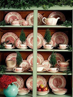 Christmasy Transferware, I love the tiny trees in teacups what an adorable way to put christmas into your china hutch Christmas Dinnerware Sets Macy's, December Decor, Simple Holiday Decor, Red Toile, Deco Champetre, Easy Decor, Tea Saucer, Stoneware Dinnerware Sets, China Dishes