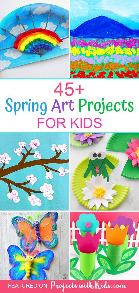 Welcome spring with over 45 gorgeous spring art projects for kids. Ideas for older kids and tweens as well as younger kids and preschoolers. Colorful spring crafts kids of all ages will love! #springcrafts #kidsart #projectswithkids Spring Art Ideas For Kindergarten, Spring Crafts Kindergarten Classroom, Spring Kids Crafts Preschool, Prek Spring Art Projects, Prek Spring Art, Spring Garden Crafts For Kids, Spring Crafts For Elementary Kids, Spring Art Ideas For The Classroom, Spring Art Crafts For Toddlers