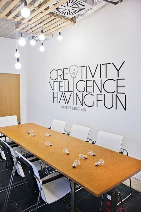 This quote or something custom? Office Wall Design, Creative Office Space, Office Meeting Room, Office Space Design, Bureau Design, Cool Office, Office Workspace, Lampe Design, Diy Desk