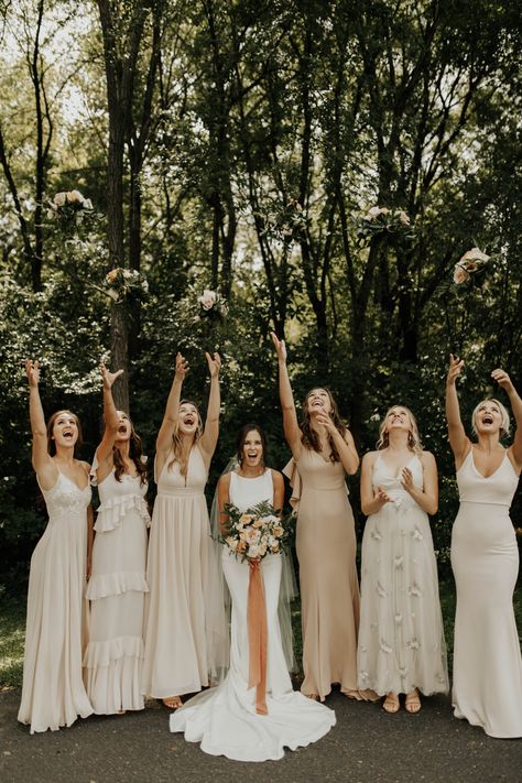 Mixed Bridesmaid Dresses Neutral, Mismatch Beige Bridesmaid Dresses, Spring Western Wedding Bridesmaid Dresses, Bridesmaid Dresses Mismatched Revelry, Bridesmaids With One Rose, Different Color Champagne Bridesmaid Dresses, Different Style Bridesmaid Dresses Long, Cream Lace Bridesmaid Dresses, Wedding Party Photos 3 Bridesmaids