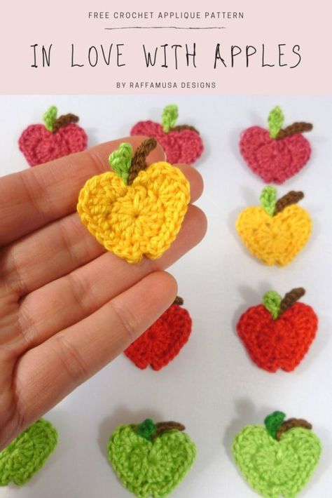 In Love with Apples Crochet Applique • Free Pattern by RaffamusaDesgins Appliques Au Crochet, Crochet Apple, Diy Outfits, Crochet Applique Patterns Free, Crochet Fruit, Crochet Abbreviations, Quick Crochet, Applique Pattern, Easter Crochet