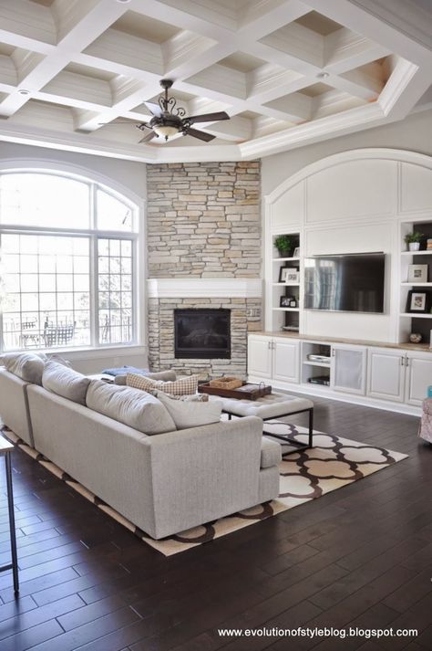 Evolution of Style - Corner Fireplace 2 Story Great Room, Built In Cabinets Around Corner Fireplace, Stone Fireplace Corner Wall, Fireplace With Dark Floors, Living Room Dark Floors, Angled Fireplace Living Room, Living Room With Dark Floors, Angled Fireplace, Corner Fireplace Living Room