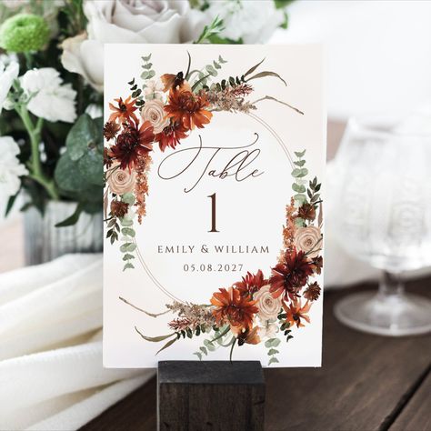 Editable Printable rustic terracotta wedding table sign template - edit in Corjl.com editor - 2 sizes. Rustic Terracotta Wedding, Terracotta Wedding Table, Floral Signage, Autumn Wedding Table, Terracotta Floral Wedding, Floral Table Decor, Wedding Table Sign, Table Number Sign, Wedding Table Number Signs