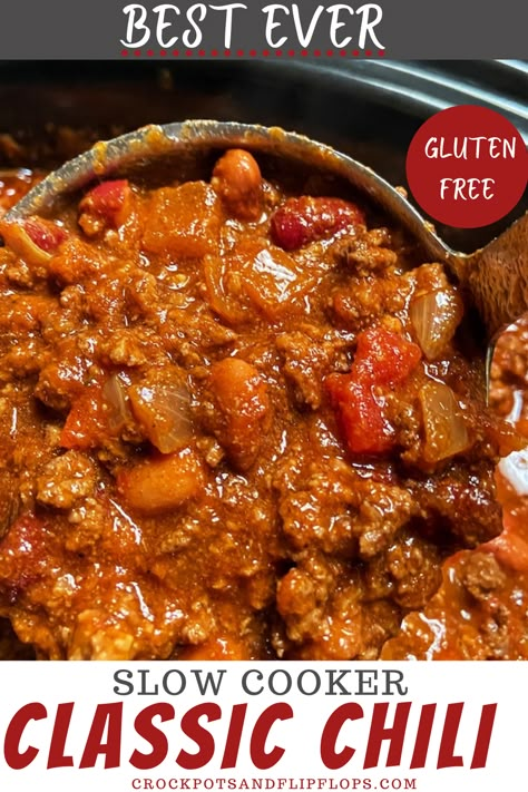 Make this classic slow cooker chili that is meaty and filling! Chock full of traditional spices, beans and flavors this will become a family favorite. This gluten free chili recipe is great alone or on baked potatoes, hot dogs, or nachos. Great for a chili bar or game day chili! Chili For Potato Bar, Chili Recipe For Baked Potato Bar, Chili For Baked Potatoes, Crockpot Gluten Free Recipes, Gluten Free Chili Recipe, Crockpot Party, Game Day Chili, Crockpot Party Food, Crockpot Gluten Free