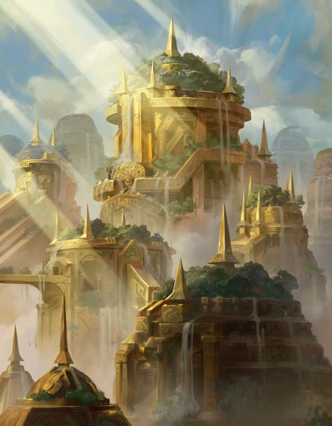 City In The Sky, Golden City, World Of Fantasy, Fantasy City, Fantasy Castle, Fantasy Setting, Fantasy Places, Landscape Scenery, Fantasy Art Landscapes