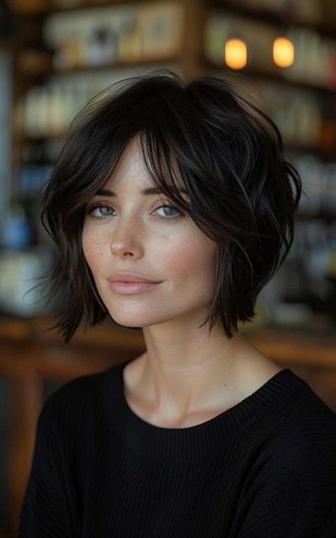 Short Hairstyle Women Middle Part Thick Hair, Angled Short Hair, French Bob With Long Bangs, Curtain Bangs French Bob, Short Hair For Short Necks, Shaggy Bob Fine Hair, Short Hair With A Fringe, French Bob Square Face, Bangs Big Nose