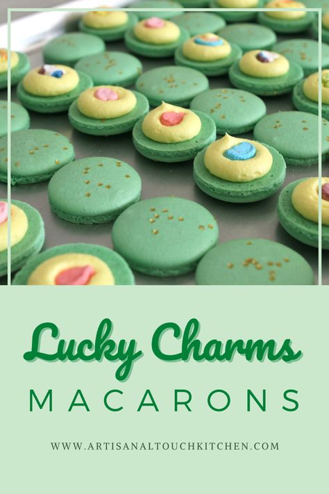 St Patricks Day Macaron Flavors, Lucky Charms Dessert Ideas, St Patricks Day Macaron, St Patricks Day Cookie Recipes, St Patricks Day Baking Recipes, St Patricks Day Sweet Treats, March Baking Ideas, St Patrick’s Day Macarons, Lucky Charms Macarons