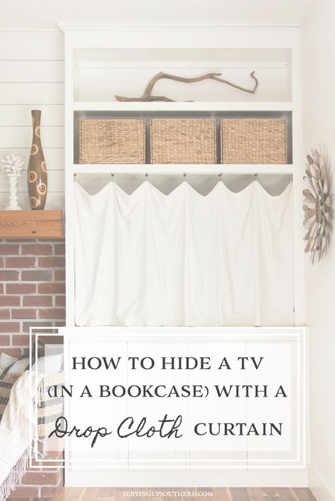 Bookcase Curtain Ideas, Bookcase Curtain, Hide A Tv, Slim Bookshelf, Hidden Desk, Affordable Wall Decor, Hidden Shelf, Open Bookshelves, Study Room Design