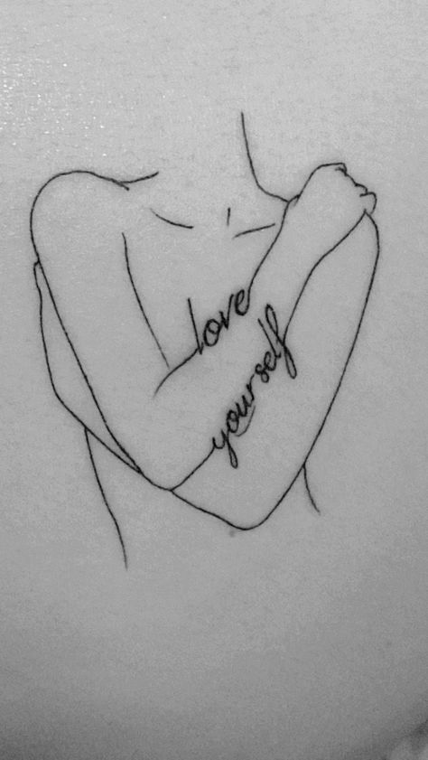 Women Kissing Silhouette Tattoo, Woman Hugging Self Tattoo, Womans Silloute Tattoo, Girls Need Love Tattoo, Hugging Yourself Tattoo, Self Love Line Art Tattoo, Minimalist Tattoo Line Art, Self Love Minimalist Tattoo, Self Hug Tattoo