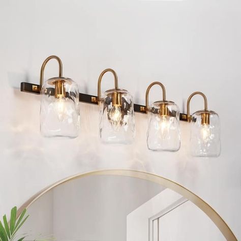 Modern Gold 4-Light Bathroom Vanity Lights Textured Glass Wall Sconces - On Sale - Bed Bath & Beyond - 37893488 Large Mirrors, Mason Jar Design, Brass Vanity Light, Toilet Vanity, Modern Vanity Lighting, Vanity Light Bar, Black Vanity Light, Linear Pendant Light, Contemporary Vanity