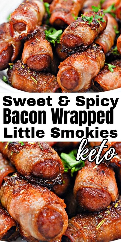 Keto Sweet & Spicy Bacon Wrapped Little Smokies - Get the party started with these tasty keto bacon wrapped little smokies! They are both sweet and spicy and so much fun to eat! #keto #Ketodiet #Ketorecipes #ketobaconwrappedsmokies #baconwrappedsmokies #ketosmokies #fallsnacks #littlesmokies #food #recipes Bacon Wrapped Smokies Keto, Sweet And Spicy Bacon Wrapped Little Smokies, Little Smokies And Bacon, Spicy Brown Sugar Bacon Wrapped Smokies, Keto Bacon Wrapped Smokies, Keto New Years Eve Food, Keto Lil Smokies Recipes, Keto Little Smokies Recipes, Keto Lil Smokies