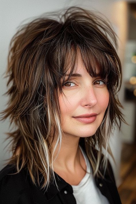 Best Haircuts and Hairstyles with Bangs in 2024 Shag Haircut With Fringe Bangs, Curtain Shag Bangs, Shaggy Haircut For Wavy Hair, Straight Perm Before And After, How To Give Yourself A Shag Haircut, Middle Part Shag Haircut, Shag With Fringe Bangs, Haircuts With Fringe Bangs, Medium Shag Haircuts For Thick Hair