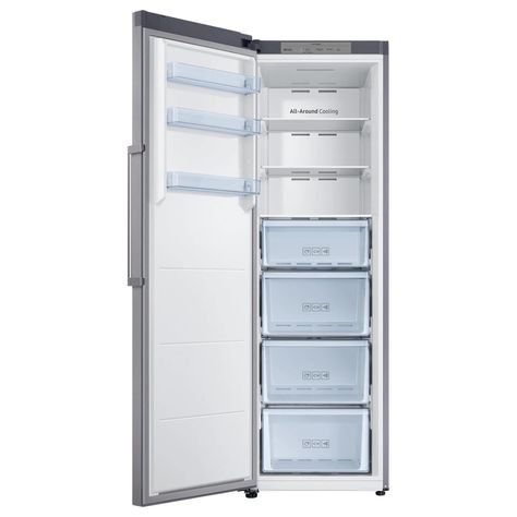 The 11.4 cu. ft. Samsung Convertible Upright Freezer features a convertible zone that can switch from freezer to fridge. It's designed for flexibility with removable drawers, adjustable door bins and shelves. High-efficiency LED lighting makes it easy to find exactly what you are looking for. A convertible freezer, which can switch between freezer and fridge, is perfect for any home, no matter what your needs. All drawers can be removed for more shelf space, door bins can be raised and lowered, and shelves can be adjusted. Design it for what you need to store. Speeds up the freezing process at maximum fan speed and can maintain full speed for 50 hours. Convertible zone Organzational options Reversible door 11.4 cu. ft. capacity High-Efficiency LED lighting Digital display buttons 4 tempera Space Door, Tall Fridge, Stainless Steel Fridge, Ice Makers, Upright Freezer, Freezers, Fridge Freezers, Luxury Homes Dream Houses, Fan Speed