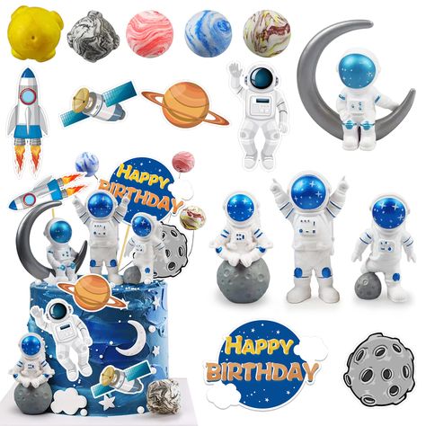 PRICES MAY VARY. PACKAGE: You will get 15 pcs of space cake toppers decorations, including 4 pcs astronaut figures in different poses, set of 6 DIY space theme cake toppers, 5 pcs planet cake decorations. HIGH QUALITY: The astronaut figures are made of high quality PVC, toppers are made of high quality paper card and bamboo sticks, out space cake toppers easy to assemble, you can dress up a birthday cake with your little astronaut baby. PERFECT DECORATIONS: Cute resin astronaut cake toppers in m Diy Cake Toppers, Astronaut Cake, Space Cake, Birthday Party Images, Star Space, 16th Birthday Decorations, Space Theme Party, Diy Space, Diy Cake Topper