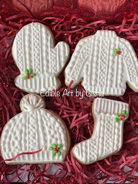 Knitted cookie set : Hat Mitten sweater and sock Mittens Cookies Decorated, Winter Hat Cookies Decorated, Christmas Hat Cookies, Christmas Mitten Cookies, Mitten Cookies Royal Icing, Mitten Cookies Decorated, Sweater Cookies Decorated, Hat Cookies Decorated, Sweater Sugar Cookies