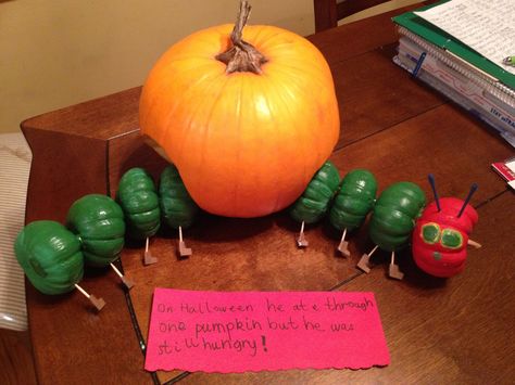 Hungry caterpillar pumpkin Book Character Pumpkins Very Hungry Caterpillar, Very Hungry Caterpillar Pumpkin Project, Hungry Caterpillar Pumpkin Decorating, The Very Hungry Caterpillar Pumpkin, Very Hungry Caterpillar Pumpkin, Hungry Caterpillar Pumpkin, Caterpillar Pumpkin, Hungry Pumpkin, Book Pumpkins