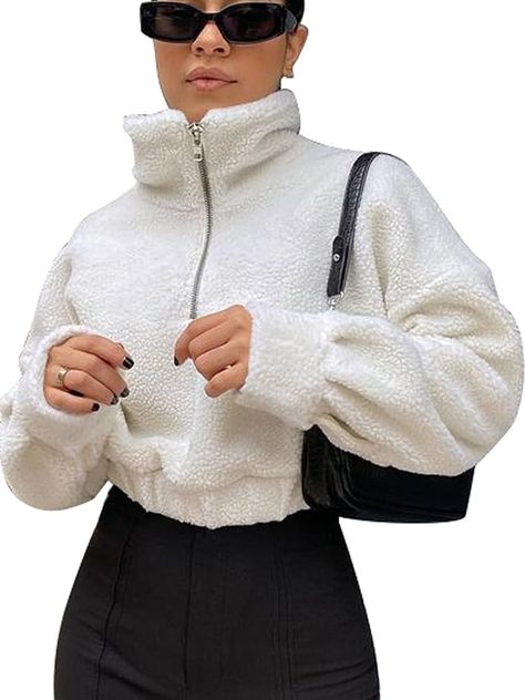 The crop top sweatshirt features long sleeves, ribbed cuffs, elastic hemline, stand collar style, loose fit, fleece lined for warmth White Teddy Jacket Outfit, White Jumper Outfit, Teddy Jacket Outfit, Hongkong Outfit, White Sweater Outfit, Half Zip Long Sleeve, Pullover Half Zip, Jacket Outfit Women, Sherpa Pullover